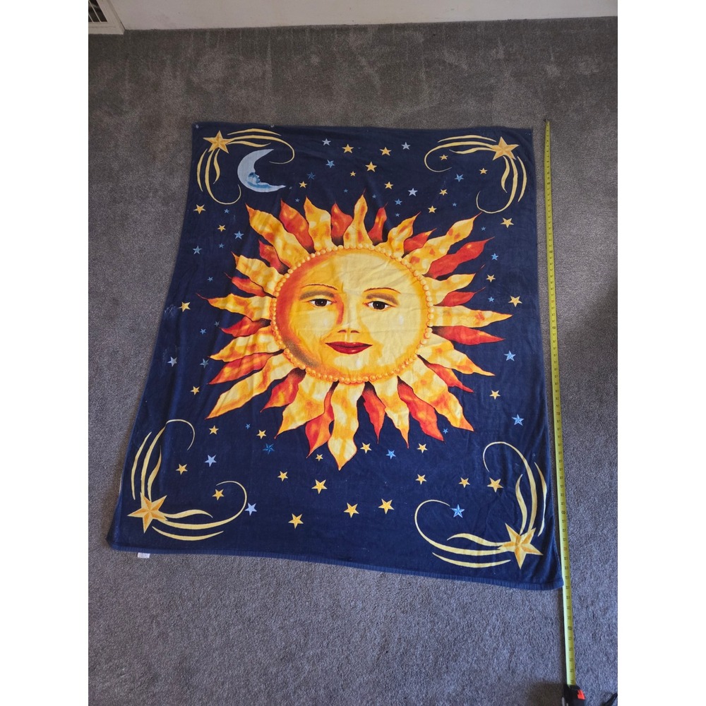 Vintage 1990's Sun Moon Celestial Stars Navy Blue Throw Blanket 60x46 Boho